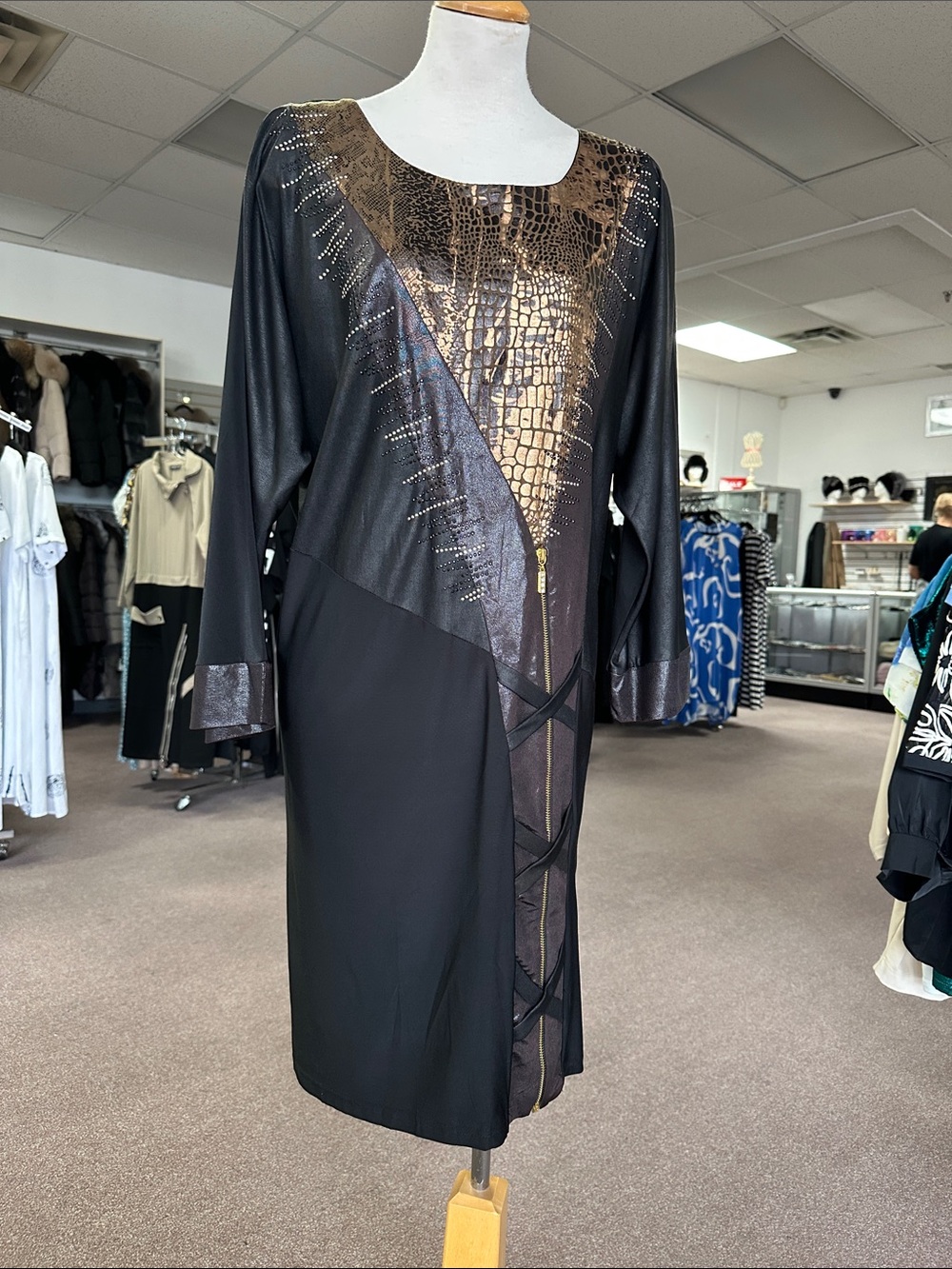 Black Midi Dress with Gold Embossed Front Panel
